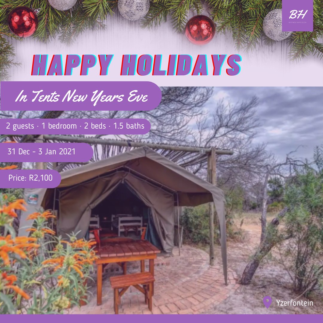 2020 has been intense so, see out the year IN TENTS!

NYE done differently...

Enjoy the splendour of staying at Khwa ttu &amp; relax and enjoy their furnished tents with open air showers and a communal boma.

bestholidays.co.za/best-holiday-d…

#NYE #NewYearsEve #NewYears #festiveseason