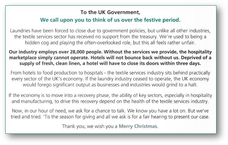 TextileServices's tweet photo. The unhappy Christmas card from the TSA captures accurately how our industry operators feel this season. We have been ignored despite several desperate calls for help. https://t.co/uuEXyEI5OR #hospitality #Covid_19  #coronavirus #PrimeMinister #rishisunak https://t.co/RjTBjYPIrX