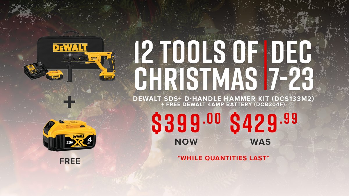 NLDistributors's tweet photo. On the 11th day of '12 Tools of Christmas' Santa gave to me...
 
DeWalt SDS+ D-Handle Hammer Kit (DCS133M2)
➕ Free DeWalt 4 AMP Battery (DCB204F)
🎁 Now $399.00 Was $429.99
 
Contact us for details!
https://t.co/UY7omHTLhY
 
#shoplocalNL https://t.co/QVCN6RBTDz