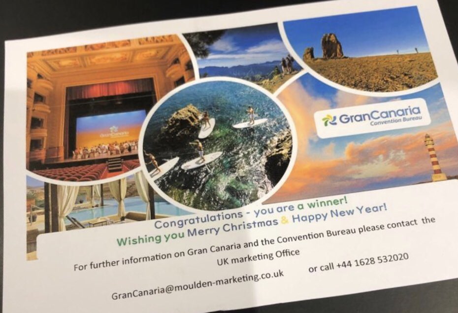 Huge thanks to <a href="/MouldenMktg/">Moulden Marketing</a> &amp; <a href="/GranCanariaMICE/">Gran Canaria MICE</a> and congrats to <a href="/CarlaGarman/">Carla Garman</a> for winning your competition! Have a Merry Christmas and we look forward to working with you in 2021 🎄🎁🎉