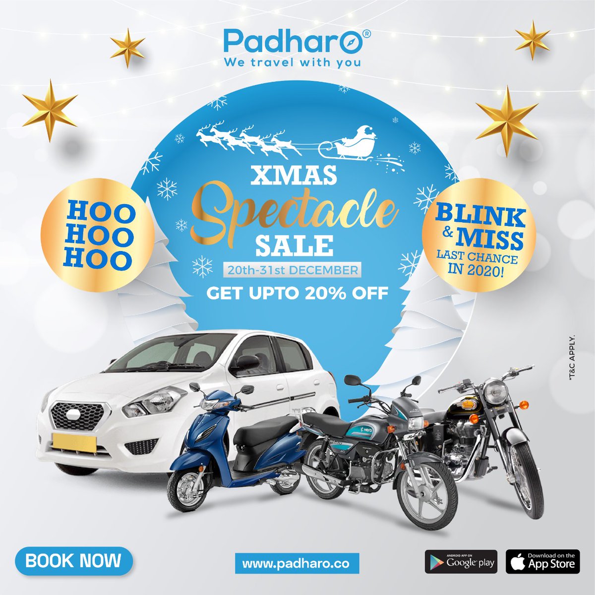 Padharotravel's tweet photo. #XmasSpectacleSale is ON!
It’s your last chance to get Upto20% Off on your booking!
Don’t miss it, book now.
Book Now Visit: @padharo.co/vehicle-rental | Contact Us: +91-9314223322
#Christmas2020 #Xmas2020 #Padharotravel #Padharomarketplace #carrentals #bikerentals #selfdrive https://t.co/Pw3rhXo5HX