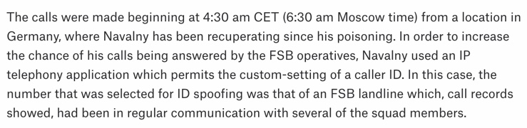 In order to get Kudryavtsev to pick up the phone, Navalny used a spoofing app that made his number appear to be that of an FSB landline that was frequently called throughout the operation by many members of the team.