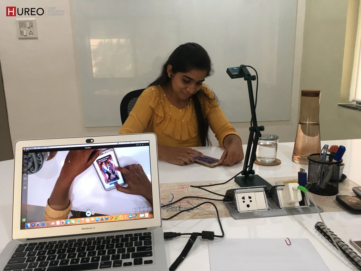 A slice of in-person usability testing with a participant at Hureo! We use tools to view the participants’ screen as well as hand movements. And members of our design research team are experts at capturing users' actions while using the product, and observing their behaviour.