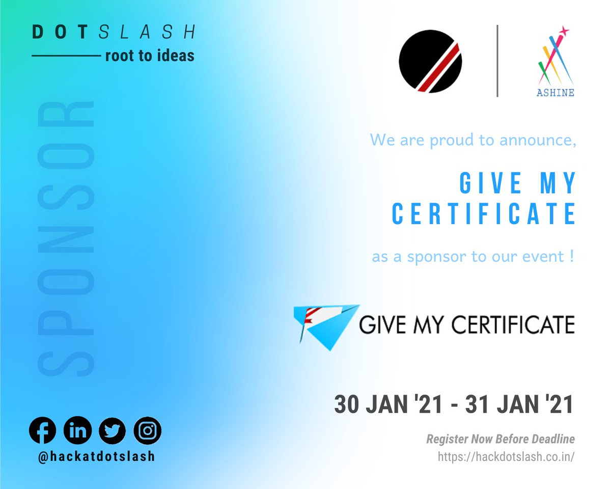 hackatdotslash's tweet photo. We are pleased to announce GiveMyCertificate as our sponsor for DotSlash 4.0

GiveMyCertificate intends to develop a commercial workspace by resolving issues like document forgery and storage inconvenience providing an opportunity to organisations to create hassle-free workspace. https://t.co/wEL3usqpxl