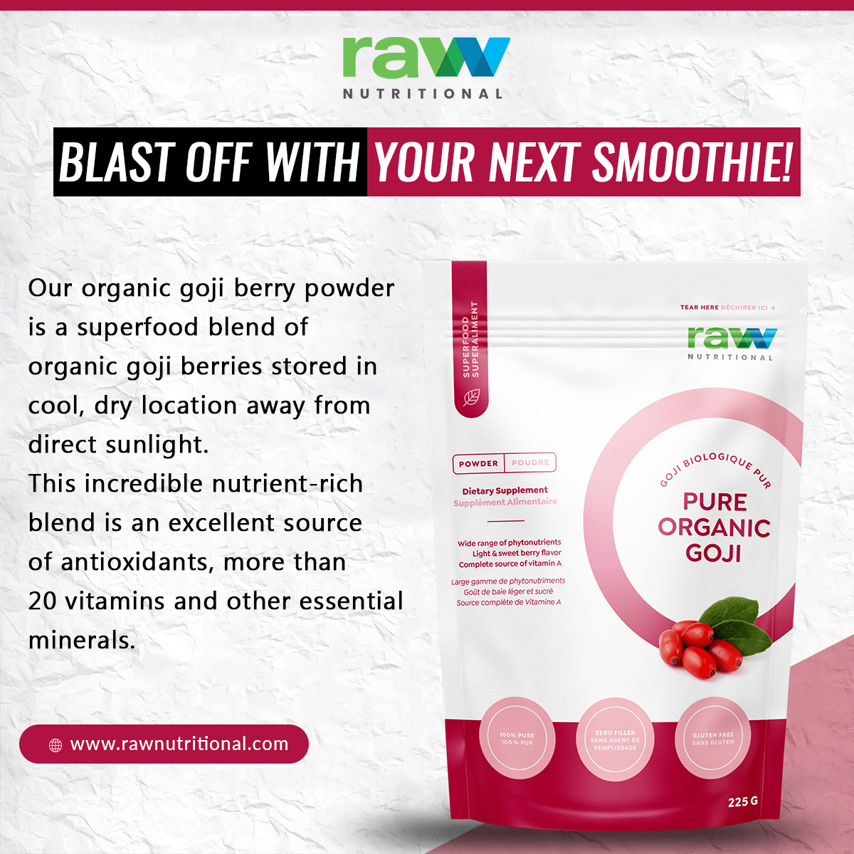 NutritionalRaw's tweet image. Blast off with your next smoothie.

Our organic #GojiBerryPowder is a W#uperfood blend of #OrganicGojiBerries stored in a cool, dry location away from direct sunlight. This incredible nutrient-rich blend is an excellent source of antioxidants, more than 20 vitamins.