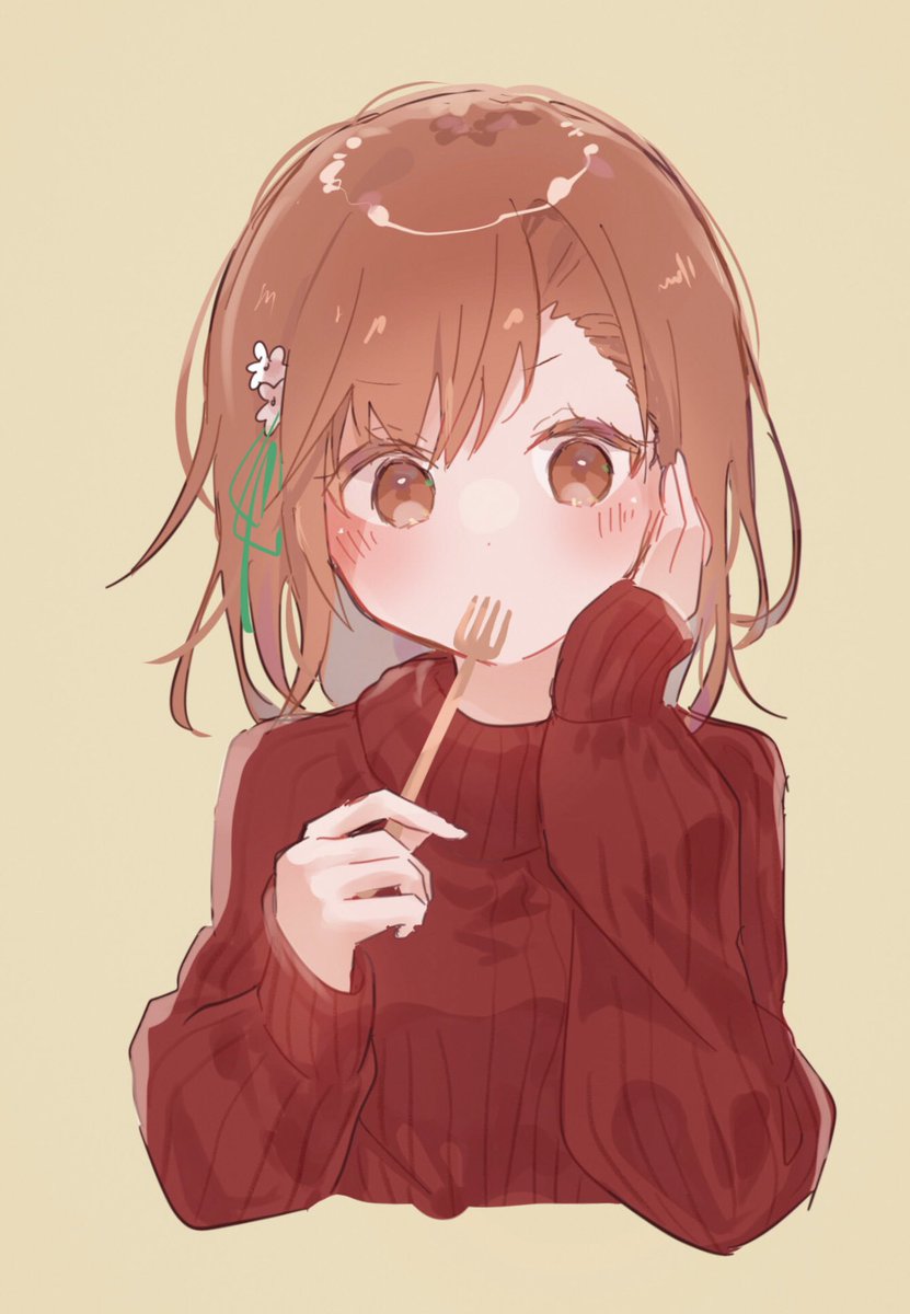 misaka mikoto 1girl solo fork brown hair holding fork sweater brown eyes  illustration images