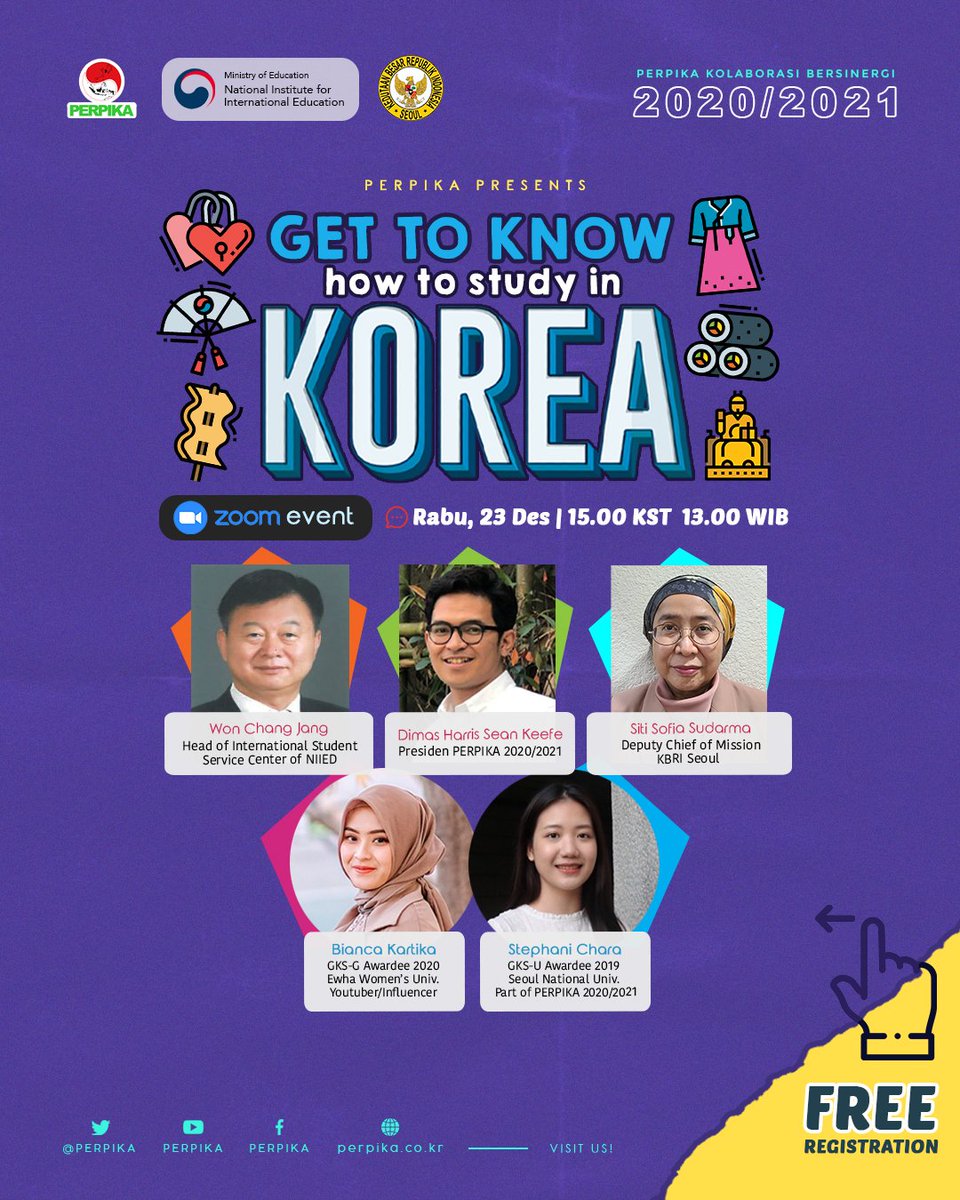 Perpika's tweet image. Halo sobat PERPIKA!
kabar gembira nih untuk yang kemaren kepo gimana caranya kuliah di Korea~🤗
yuk gabung dalam acara Get to Know edisi How to Study in Korea bersama para pembicara keren!

link pendaftaran:
🔗bit.ly/2LDC7Qe

PERPIKA! Kolaborasi bersinergi.