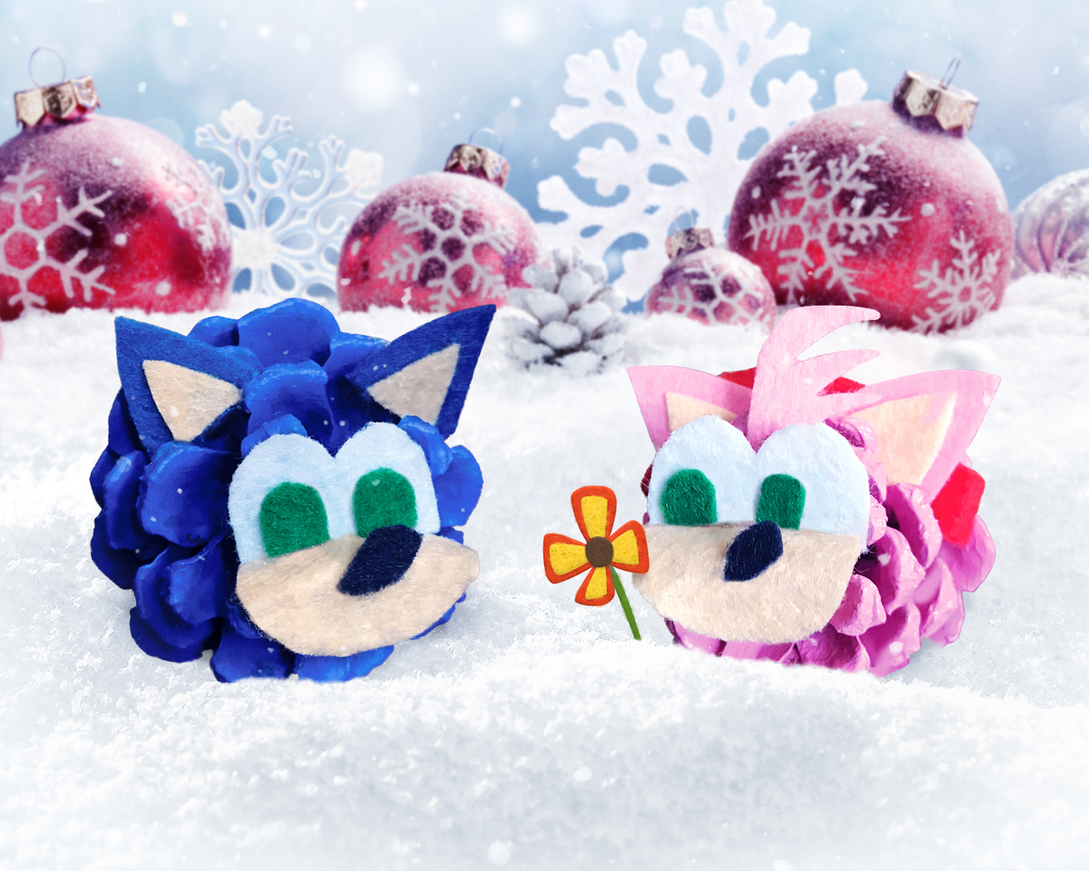 Sonic the Hedgehog and Amy Rose (holding a flower) represented as blue and pink pinecones, respectively.