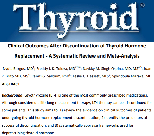 thyroidjournal's tweet photo. Early online in @thyroidjournal, a meta-analysis of 17 studies of thyroid outcomes after #LT4 discontinuation, finds up to 1/3-rd of patients may remain euthyroid after stopping LT4.
https://t.co/Lsaf1FUqvB
#ATAThyroid2020 #ThyroidJournal #endotwitter #medtwitter https://t.co/J6aQbMVUCT