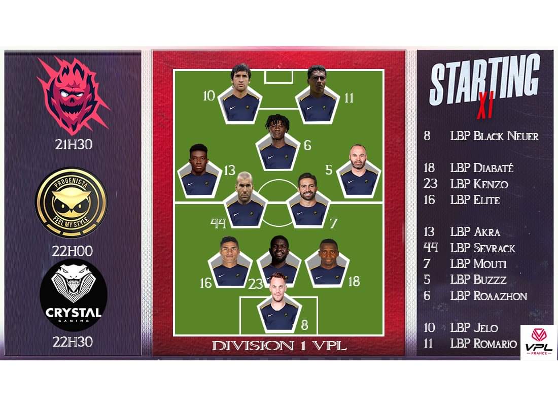xForzaFifax's tweet photo. Pour cette dernière soirée @VPLFrance et le jubilé de @Mouti_NS voici les 11 joueurs de la soirée.

Bon matchs aux adversaires de la soirée @HumbleFIFA_ @Team_PROGENISTA @Crystal_Fifa et bonne fin de saison à toutes les équipes qui ont participés à cette saison. https://t.co/6oqwHu4AYM