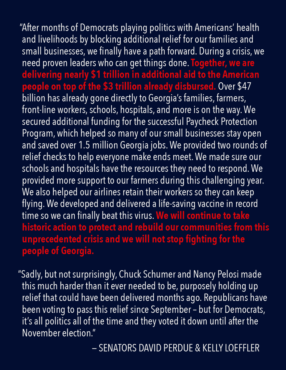 David Perdue (@sendavidperdue) on Twitter photo Today, we will deliver nearly $1 trillion in additional aid on top of the $3 trillion already disbursed.
Chuck Schumer & Nancy Pelosi made this harder than it needed to be, purposely holding up relief that could have been delivered months ago.
Statement w/ <a href="/SenatorLoeffler/">Senator Kelly Loeffler</a>: Today, we will deliver nearly $1 trillion in additional aid on top of the $3 trillion already disbursed.
Chuck Schumer & Nancy Pelosi made this harder than it needed to be, purposely holding up relief that could have been delivered months ago.
Statement w/ <a href="/SenatorLoeffler/">Senator Kelly Loeffler</a>: