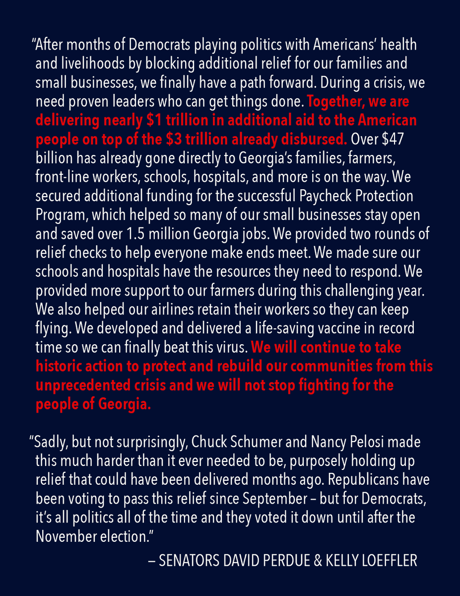 Today, we will deliver nearly $1 trillion in additional aid on top of the $3 trillion already disbursed. Chuck Schumer & Nancy Pelosi made this harder than it needed to be, purposely holding up relief that could have been delivered months ago. Statement w/ @SenatorLoeffler: