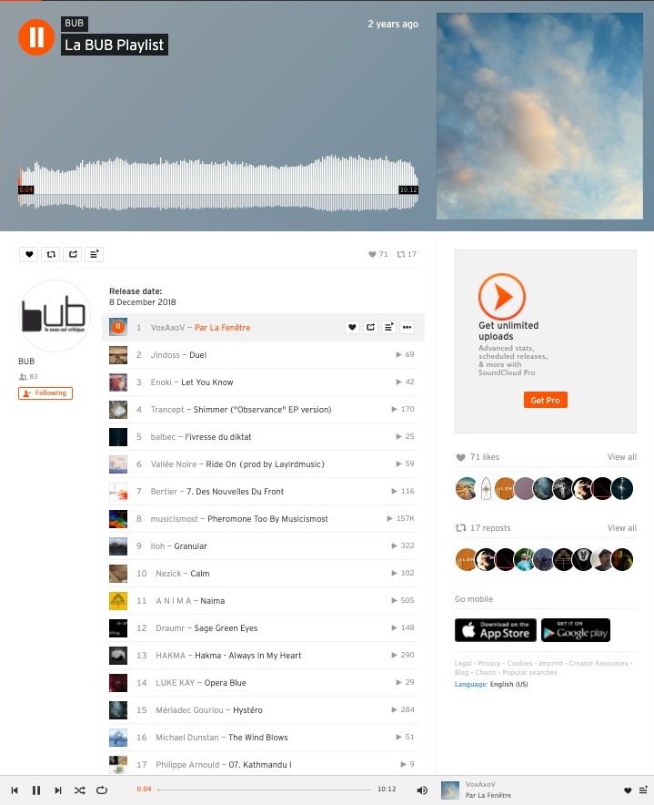 Merci à @BubWebzine d'introniser "Par la Fenêtre" dans sa sélection en très bonne compagnie ! De belles découvertes (et des retrouvailles) dont <a href="/abdoulmaith/">Vallée Noire 🇸🇳🇫🇷</a> <a href="/musicismost/">musicismost</a> <a href="/djhakma/">Hakma</a> <a href="/MauvaisSang5/">Mauvais Sang</a> <a href="/BleachtheSky/">Bleach the Sky</a> <a href="/TheOtherColors/">Marie Möör et Les Autres Couleurs</a> <a href="/daysinorbit/">DAYS IN ORBIT</a> 

soundcloud.com/bub-webzine/se…