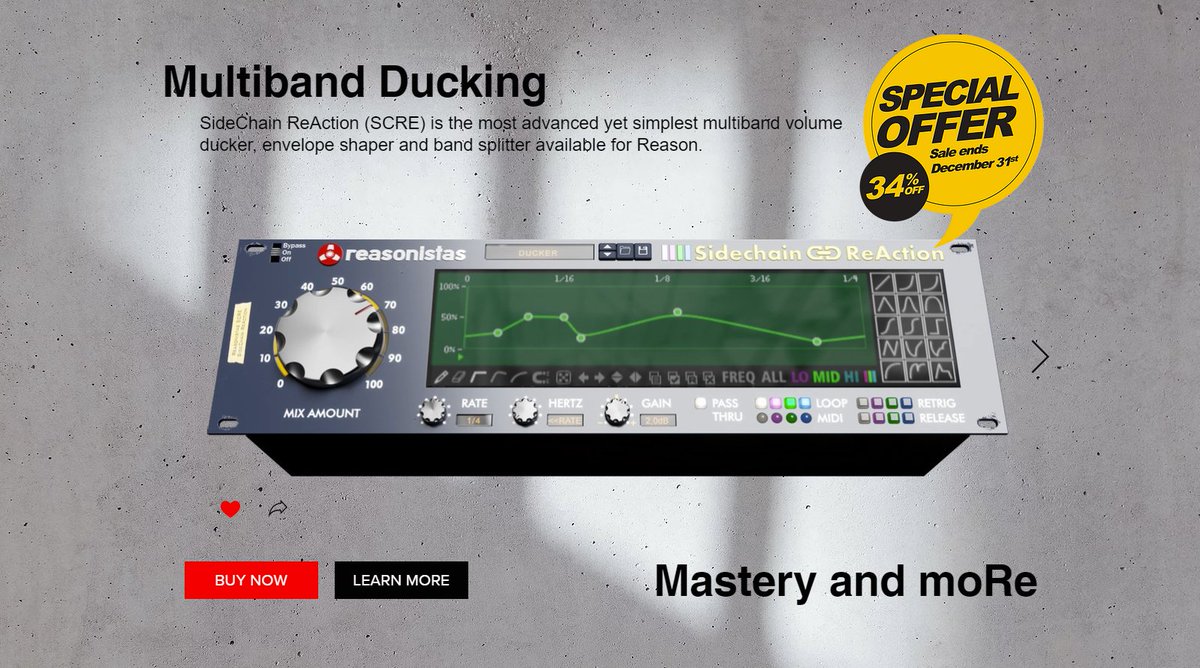 reasonistas's tweet photo. 2020 wouldn’t be complete without picking up Reasonistas SideChain ReAction for only $19.00 (final week). #SCRE is the only Multiband Ducker, Envelope Shaper and Band Splitter for @reasonstudios in one device. https://t.co/BTTOxJ0Cee #iUseReason #SCREtip https://t.co/FPqjrZ4Vr1