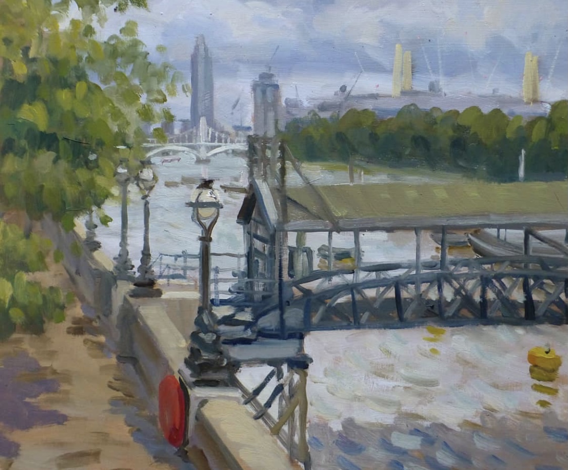 Art on the River - Beautiful #painting of #CadoganPier entrance by @nickrichardsart #chelseabridge #batterseapowerstation #chelseaembankment #riverthames