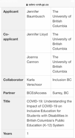 Sixth, we were delighted to be awarded a Partnership Engage Grant (PEG) from  @SSHRC_CRSH, which is facilitating our research exploring the impact of  #COVID19bc on  #inclusiveeducation in BC. #inclusion  #bcpoli  #bced  #UBC ^JL /9