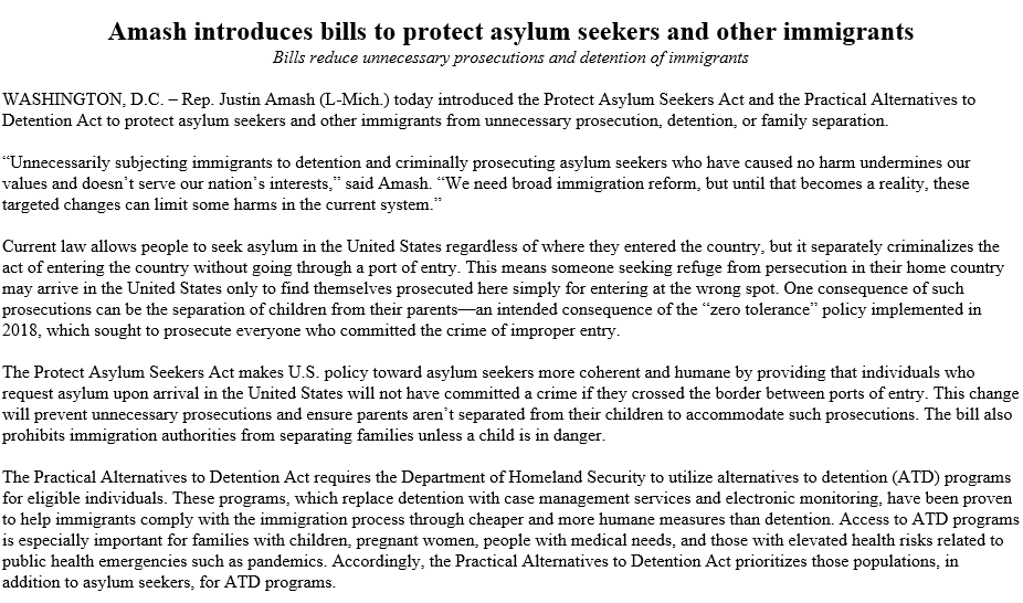 New! @JustinAmash, the only <a href="/LPNational/">Libertarian Party</a> member of Congress, introduces bills to protect asylum seekers, end family separation, and mandate alternatives to detention be used. It harmonizes asylum and criminal law by blocking prosecution of anyone who crosses to request asylum