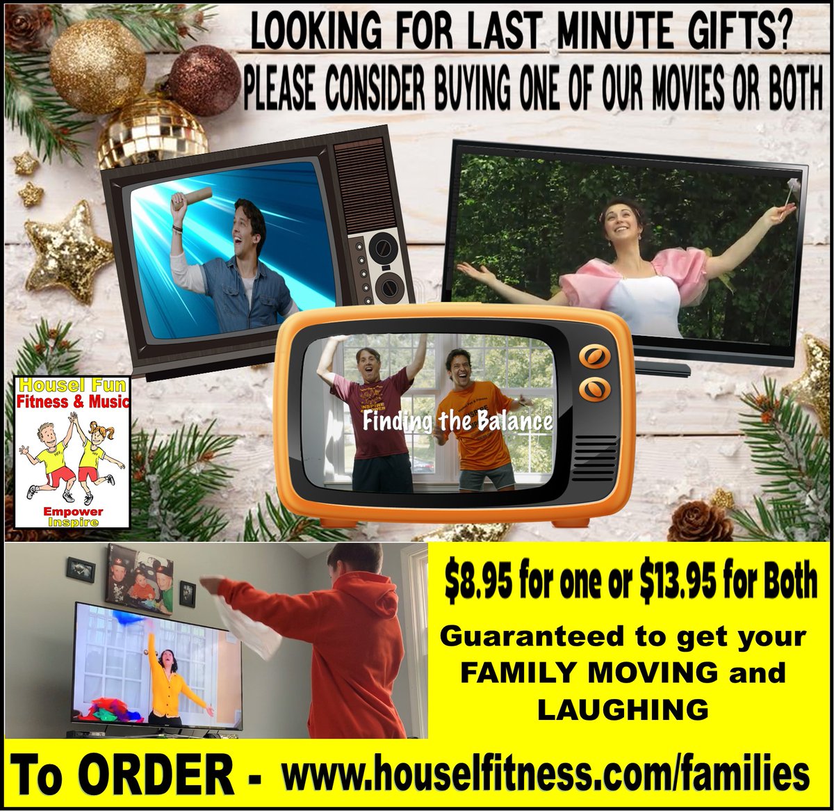 HouselFunFit's tweet image. Looking for a last minute gift? Please consider buying one or BOTH of our movies. They are guaranteed to get your family moving and laughing! houselfitness.com/families