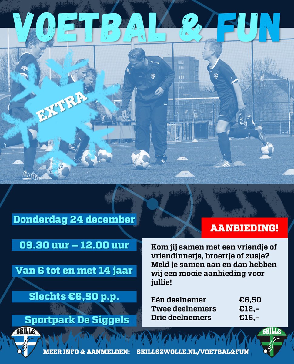 ‼️EXTRA VOETBAL&amp;FUN‼️ 

Vanwege de overweldigende belangstelling voor Voetbal&amp;Fun, organiseren wij aankomende donderdag een extra sessie bij <a href="/vvsvi/">v.v. SVI</a> 

Ga voor meer informatie en inschrijving naar skillszwolle.nl/voetbal-fun/ 

#voetbal #bewegen #sporten #vakantie #skills #zwolle