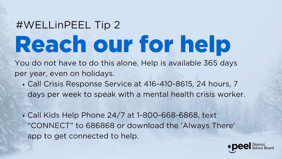 Winter break will look a little different this year. The <a href="/MHRTPeel/">PDSB Mental Health Resource Team</a> is sharing tips &amp; resources to support students, staff &amp; families.

If you or someone you know needs help during the break, remember that someone (Peel Children's Centre or <a href="/KidsHelpPhone/">Kids Help Phone</a>) is always available.