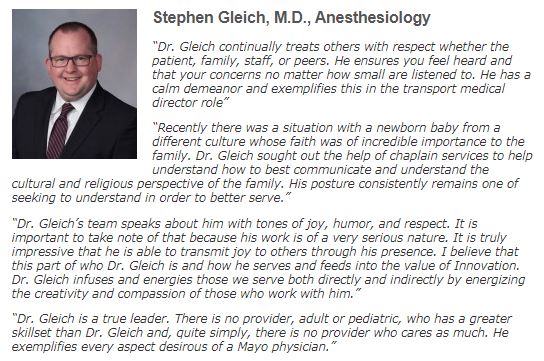 MayoAnesthesia's tweet photo. Congratulations to Dr. @StephenGleich on being awarded the @MayoClinic Karis Award!
The Karis Award was established to formally recognize the many caring persons who live out the Mayo Clinic Values in an extraordinary way, as they serve patients, visitors, &amp; colleagues.
#PedsAnes https://t.co/xIyK4eMFjw