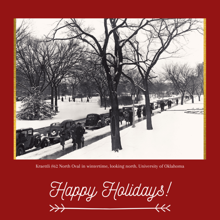 OU_Libraries's tweet photo. North Oval in wintertime, looking north. University of Oklahoma. Kraettli #62, Western History Collections. #OUWHC will be closed Dec. 24 - Jan. 3. Researchers can explore WHC again starting Jan.19, 2021. More about services &amp; appointments at https://t.co/kSTCb5o7QH https://t.co/Y9yDzxvrbu