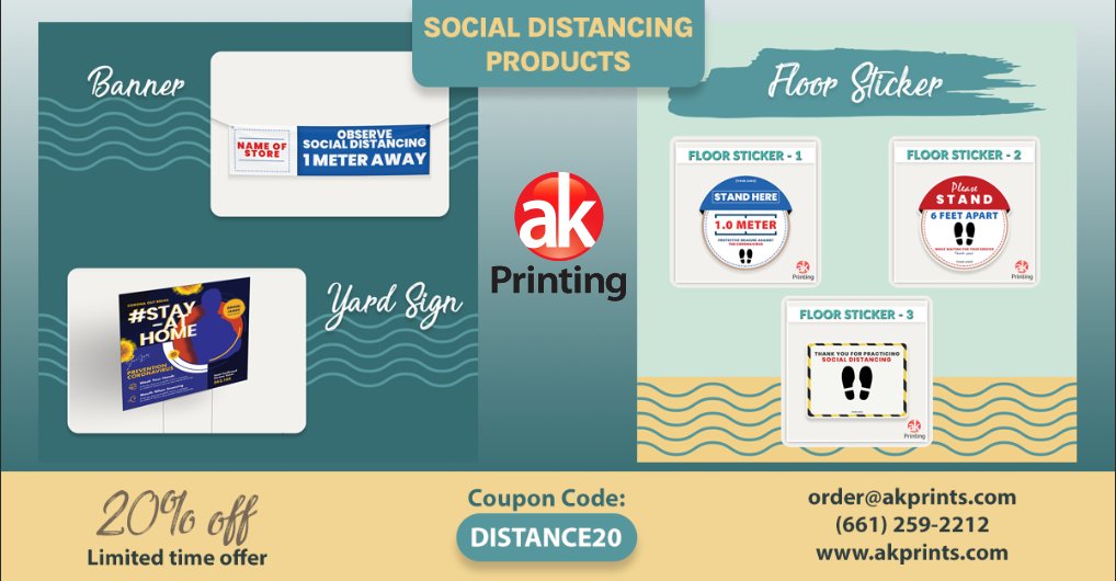akprinting's tweet photo. SOCIAL DISTANCING SIGNS
20% OFF on Banner, Floor Stickers, and Yard Signs.
Coupon Code: DISTANCE20
Limited time offer
Message us for your orders and inquiries
Email: order@akprints.com
Call us: (661) 259-2212
Website: https://t.co/7EWPjdlDl2
#cheap  #health #covid #corona https://t.co/PRY4dK4Vph