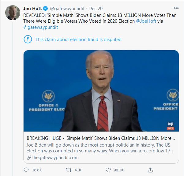 There's a series of tweets going around that Biden claimed more votes than eligible voters. The primary source of this false claim is  @Bill_Binney aided by  @JoeHoft via  @gatewaypundit . This is a dive into it. You may have seen this.  1/x