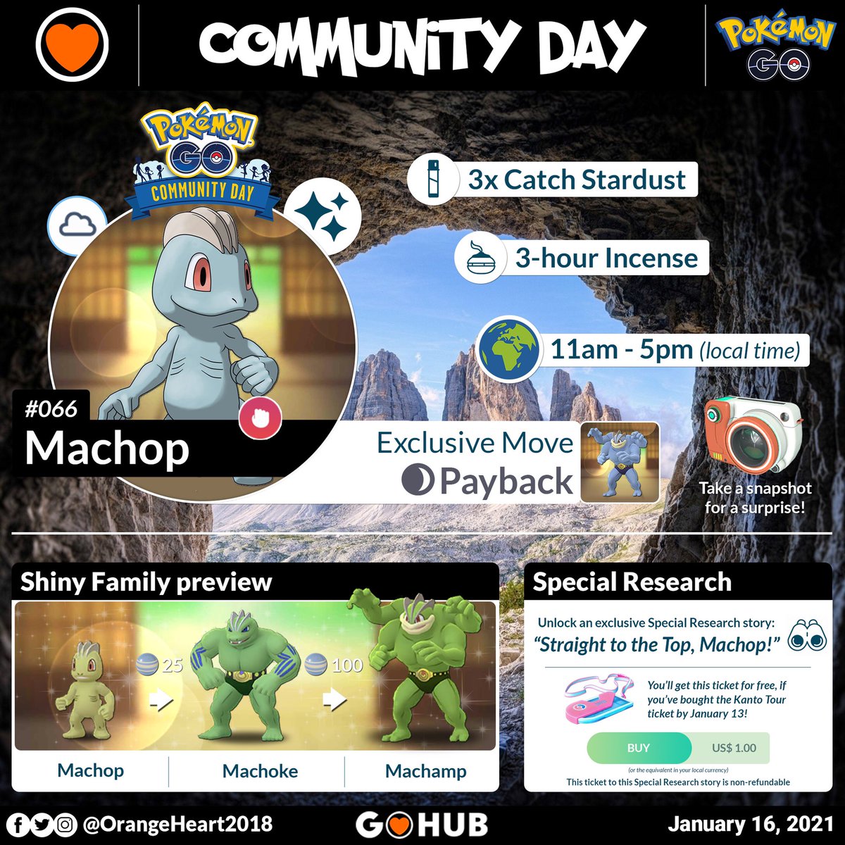 OrangeHeart2018's tweet photo. MACHOP Community Day will happen on January 16th 🤗🧡 There will also be a Community Day exclusive Special Research for sale! #pokemon #pokemongo #pokemoncommunity #communityday #machop #shinypokemon #gottacatchemall #pogohub #pokemongohub #pokemontrainer #orangeheartdesign https://t.co/v0uDdxOAUn