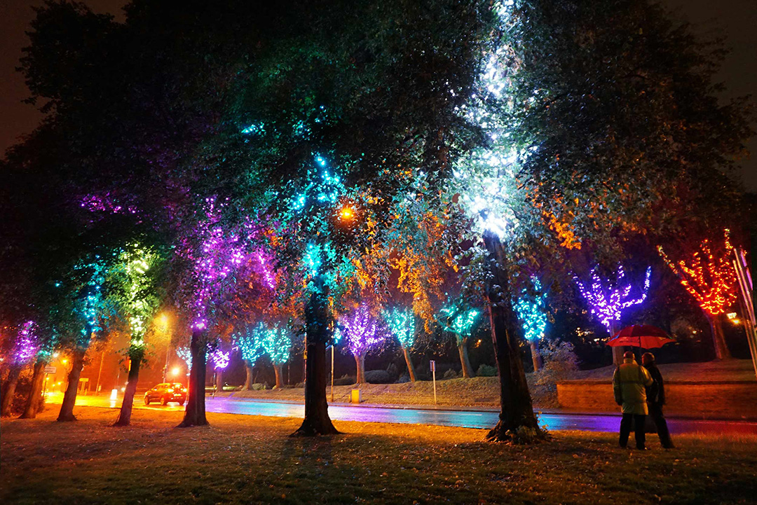 BiggDesign's tweet photo. Festive throw-back to 2019 for our #Airdrie Avenue of Lights project for @nlcpeople and LL&amp;D. The trees feature fully controllable, animated and colour-change #LEDlights. Not just for Christmas, this permanent installation gives year-round interest and a warm welcome to the town. https://t.co/ec5eE7o791