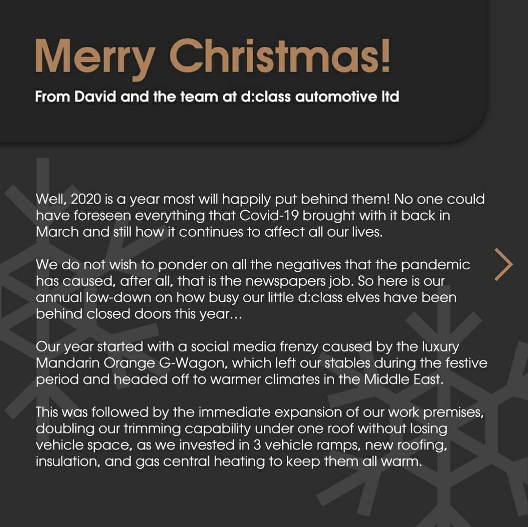 dclassauto's tweet image. Our annual Christmas newsletter is now ready for you to enjoy. We will be open again on the 4th of January. Happy Christmas and see you all in 2021 #dclassauto #MerryChristmas