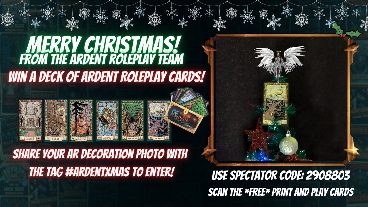 Happy Holidays from us to you, Adventurers!
To celebrate we're giving away a deck of AR cards!

-Download the AR app, &amp; use the code to join our Xmas campaign!
-Scan the PnP cards at ardentroleplay.com/pnp
-Post your photo with #ardentxmas
We'll choose a favourite on Boxing Day!