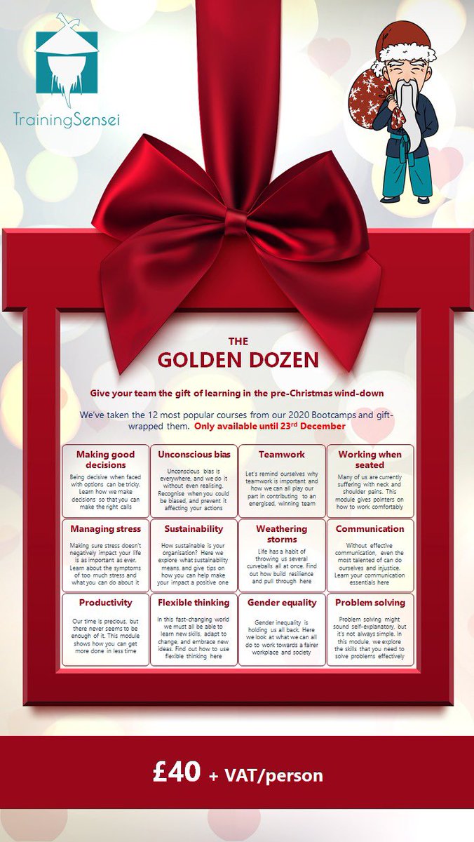sensei_training's tweet photo. Last chance! Treat yourself or your team with the gift of self improvement and development. 

12 of our most popular courses, gift wrapped, ready to purchase and enjoy over the next 12 months at a fantastic price.
 #education #christmasgiftideas #christmasgift #christmasshopping https://t.co/goVBMviSpf