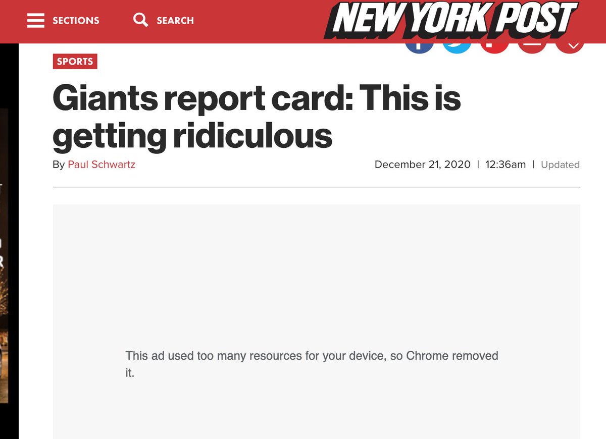 aripap's tweet photo. First time I’ve seen this message in the wild. Hero ad unit on NYpost blocked by Chrome. https://t.co/9dw6tH9jl7