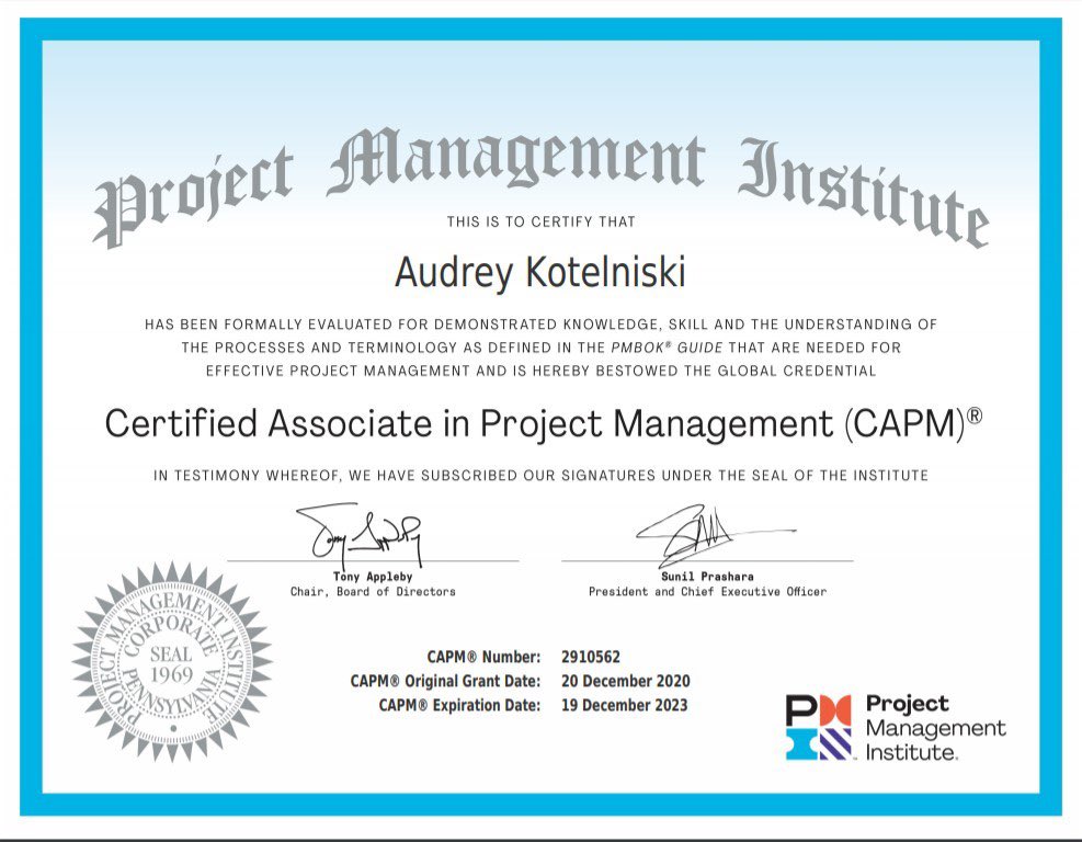 akotelniski's tweet photo. It’s official! I’m a CAPM! After stressful study sessions - it paid off! Looking forward to working towards my PMP! #projectmanagement #capm #PMP #lifelonglearning https://t.co/vKZBZrIdQz