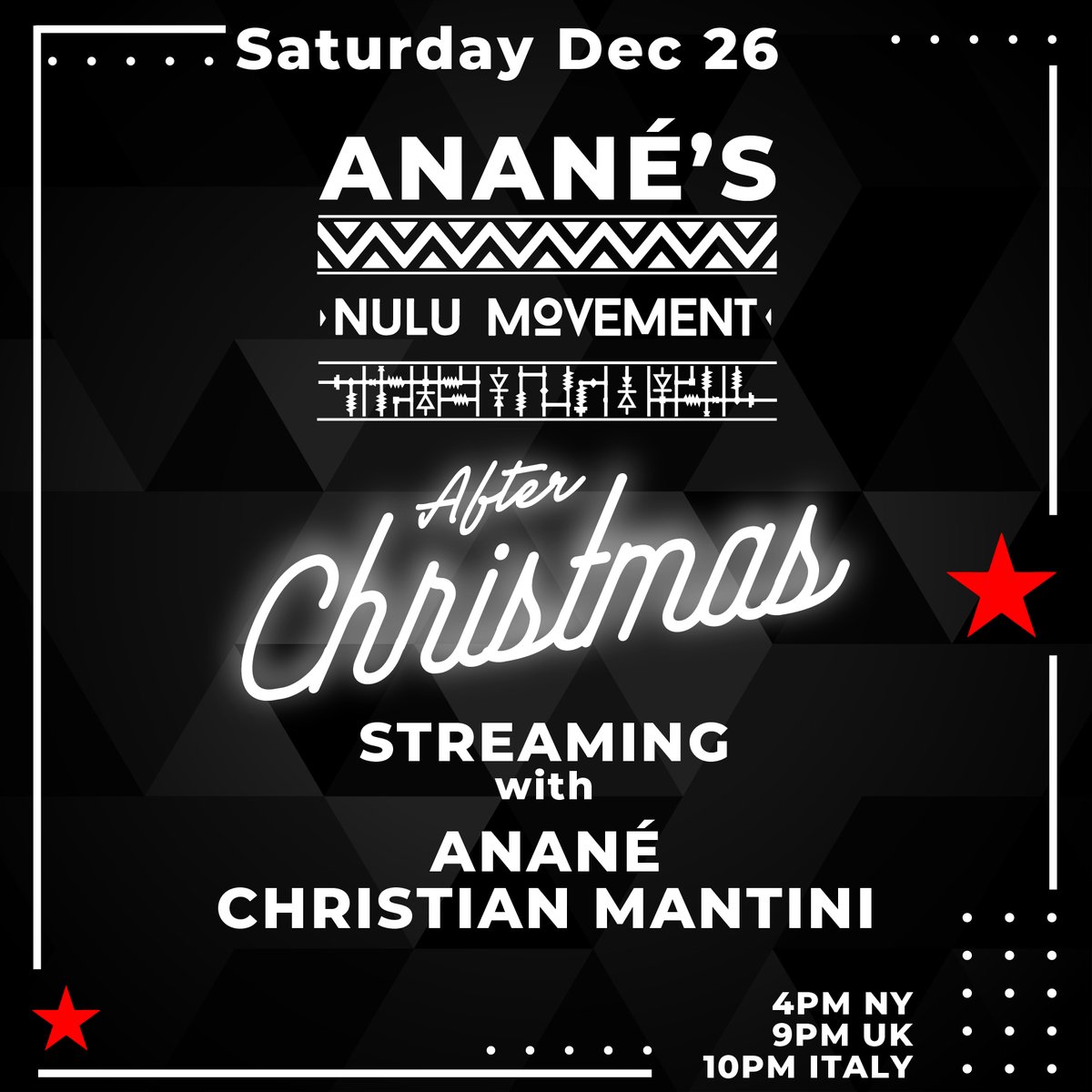 To all the Nulu Warriors, Saturday Dec 26 Anané’s Nulu Movement “After Christmas”  Streaming at Nulu Movement Facebook Page and Nulu Music Youtube page for a virtual reunion with the music of our amazing Queen <a href="/ananesworld/">Anane ™ Vega</a>  and the right hand man <a href="/ChrisMantini/">Christian Mantini</a> See you Saturday!