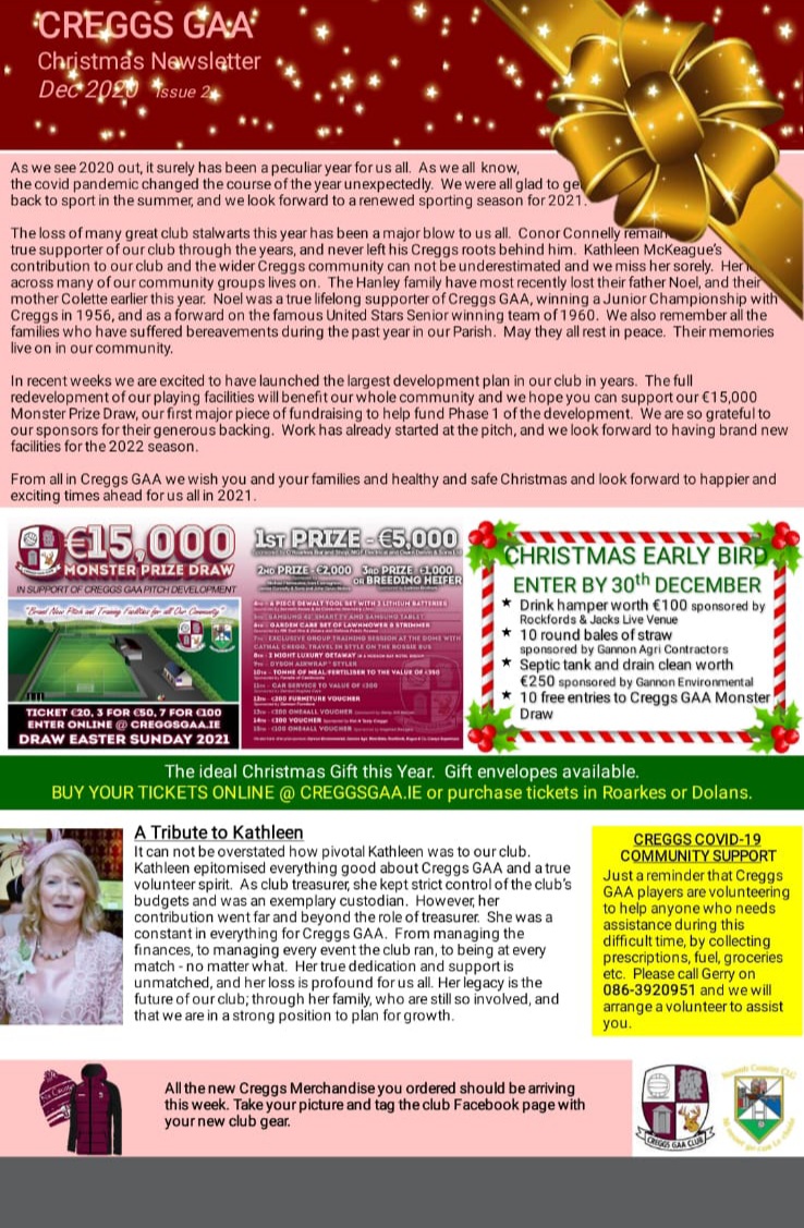 GaaCreggs's tweet photo. The second edition of our Club Newsletter was delivered to houses in the parish over the weekend. We hope you enjoyed reading our updates and we are delighted to continue this initiative throughout 2021 giving you an insight into the club development. https://t.co/OMWWmm38BG