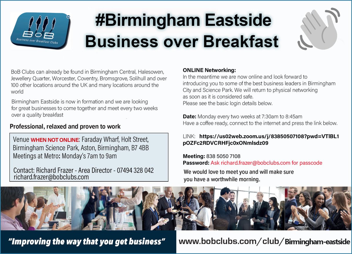 TOP_Warwick's tweet photo. #Birmingham @bobclubs are proud to announce a new club!
Following success launching Birmingham Central FLAGSHIP we now announce #BoBEASTSIDE.
We want to help businesses find markets, make connections & grow in new world https://t.co/2c2XlAXjx1 #birminghamhour #brumhour https://t.co/KzFYkVGteB