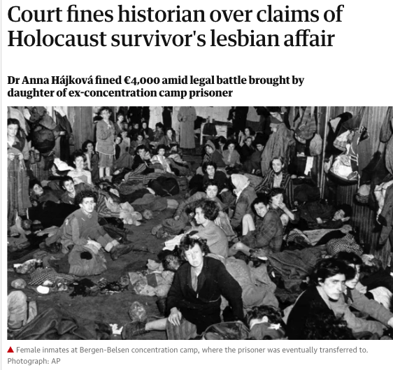 [THREAD] On historians, difficult subjects, and academic freedom.A  #Holocaust historian  @ankahajkova has been sued by the family of a survivor for suggesting that she had engaged in a lesbian relationship with an SS guard.This case is so important for historians. See below: