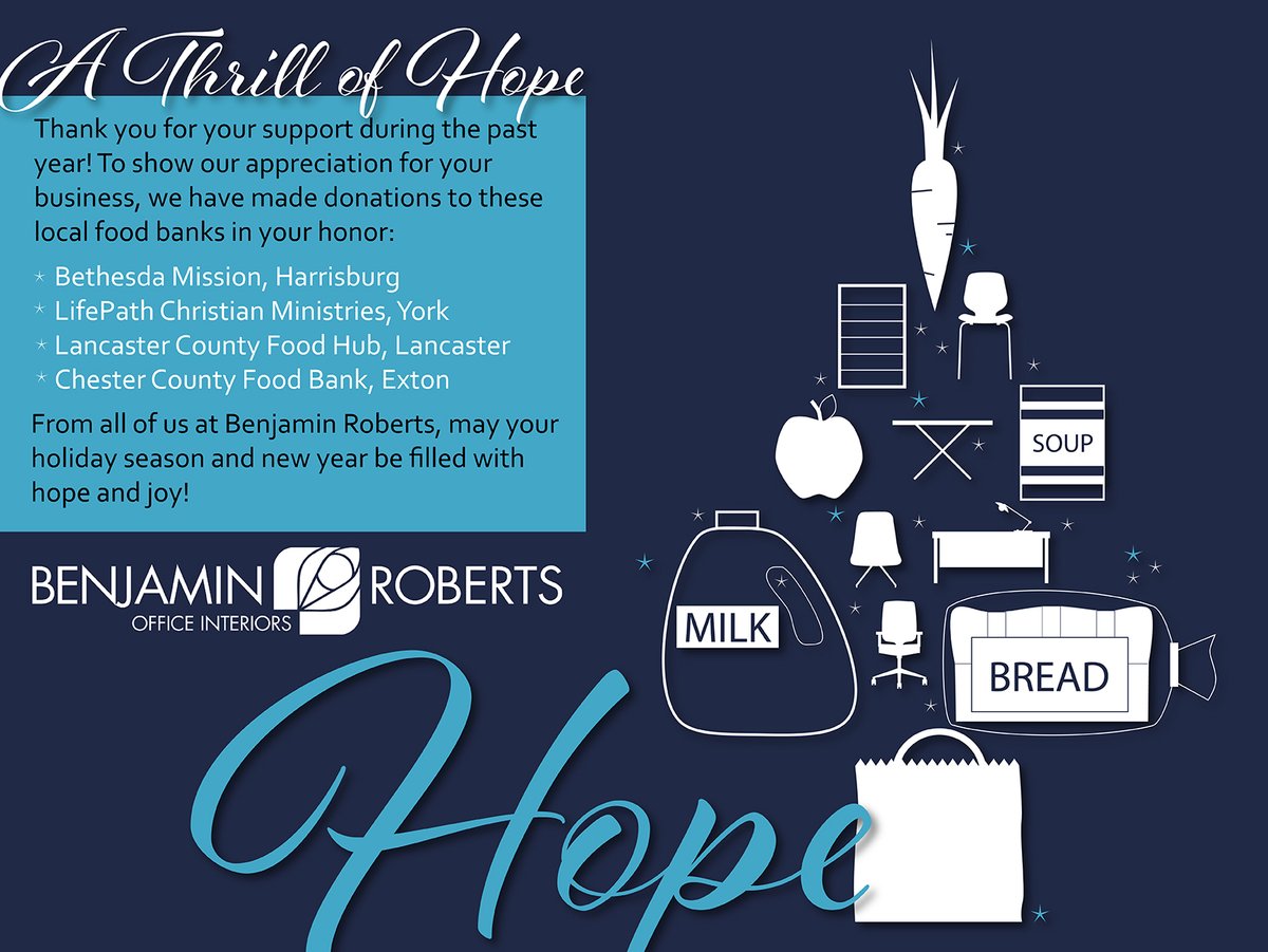 brworkplaces's tweet photo. To thank our clients and colleagues, this year, we've decided to give back to the local community in your honor by donating to four local food banks. May your holiday season and new year be filled with hope and joy! #brplaces https://t.co/xPNSmzOhMn
