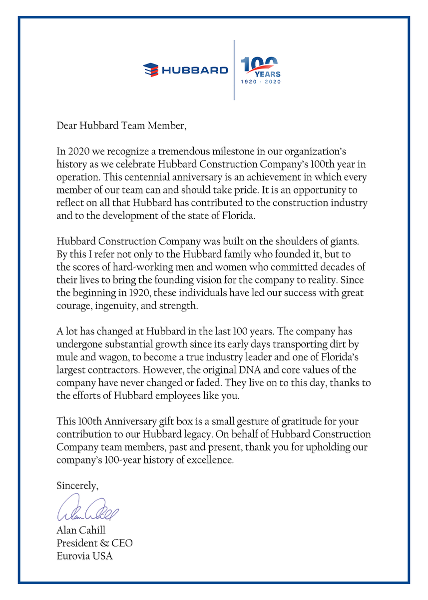 We’ve done a lot this year to celebrate Hubbard’s 100th anniversary, but this letter from our President &amp; CEO, delivered to Hubbard’s 780 team members, sums up the meaning and importance of this milestone best of all. #100years #100yearsofhubbard #attitudeandexecution #doyourjob