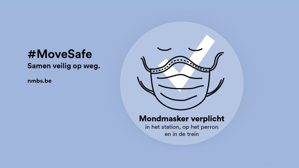 NMBS's tweet image. Veilig reizen is een zaak van iedereen: draag je masker, reis met een geldig vervoerbewijs dat je bij voorkeur online hebt gekocht en houd afstand in het station en op het perron. Bedankt voor je solidariteit 🙏 #MoveSafe #NMBS