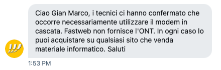 gmcinalli's tweet photo. Ciao @FASTWEBHelp
ribadisco nuovamente, trovo che questa risposta sia ASSURDA, e vi chiedo, vista la Delibera AGCOM n. 348/18/CONS, che mi venga fornito un ONT.

Mi rivolgerò in aggiunta all'AGCOM ed all'associazione 
@modemlibero . https://t.co/VQ1ZihTFfj