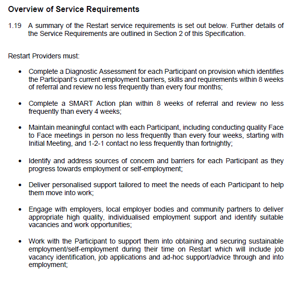 And Restart has clear min. service levels: fortnightly 1:1 contact, face-to-face at least monthly, action plan w/in 8 weeks.Work Prog had NO similar standards (tho 60% of ppl had fortnightly mtgs) so again welcome.But I hope bidders exceed these mins- esp. on access to support