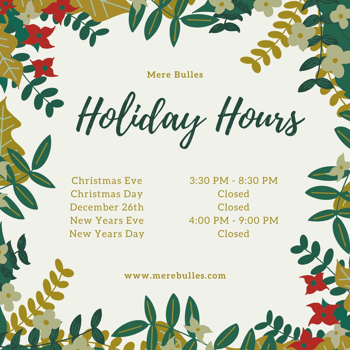As 2020 (finally) winds down and the winter holidays are upon us, we'd like to remind you of our holiday hours. Thank you for all of the support you've shown us this year!