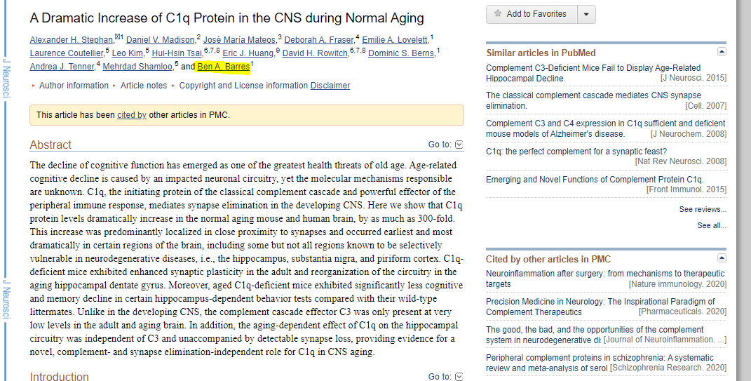  $ANNX was founded on Ben Barres discovery that C1q prunes synapses in normal development and neurodegen. ANNX ultimate aim, I think, is Alzheimers, but more efficient paths first in Guillain-Barre Syndrome (GBS), Huntington's, and ALS. https://www.ncbi.nlm.nih.gov/pmc/articles/PMC3742932/