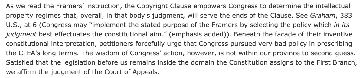 10/ Ginsburg: fair use protects free speech, yes, but Congress has constitutional authority to protect copyright & copyright owners, which itself furthers free speech by providing economic incentive to create new works.  https://www.law.cornell.edu/supct/html/01-618.ZO.html
