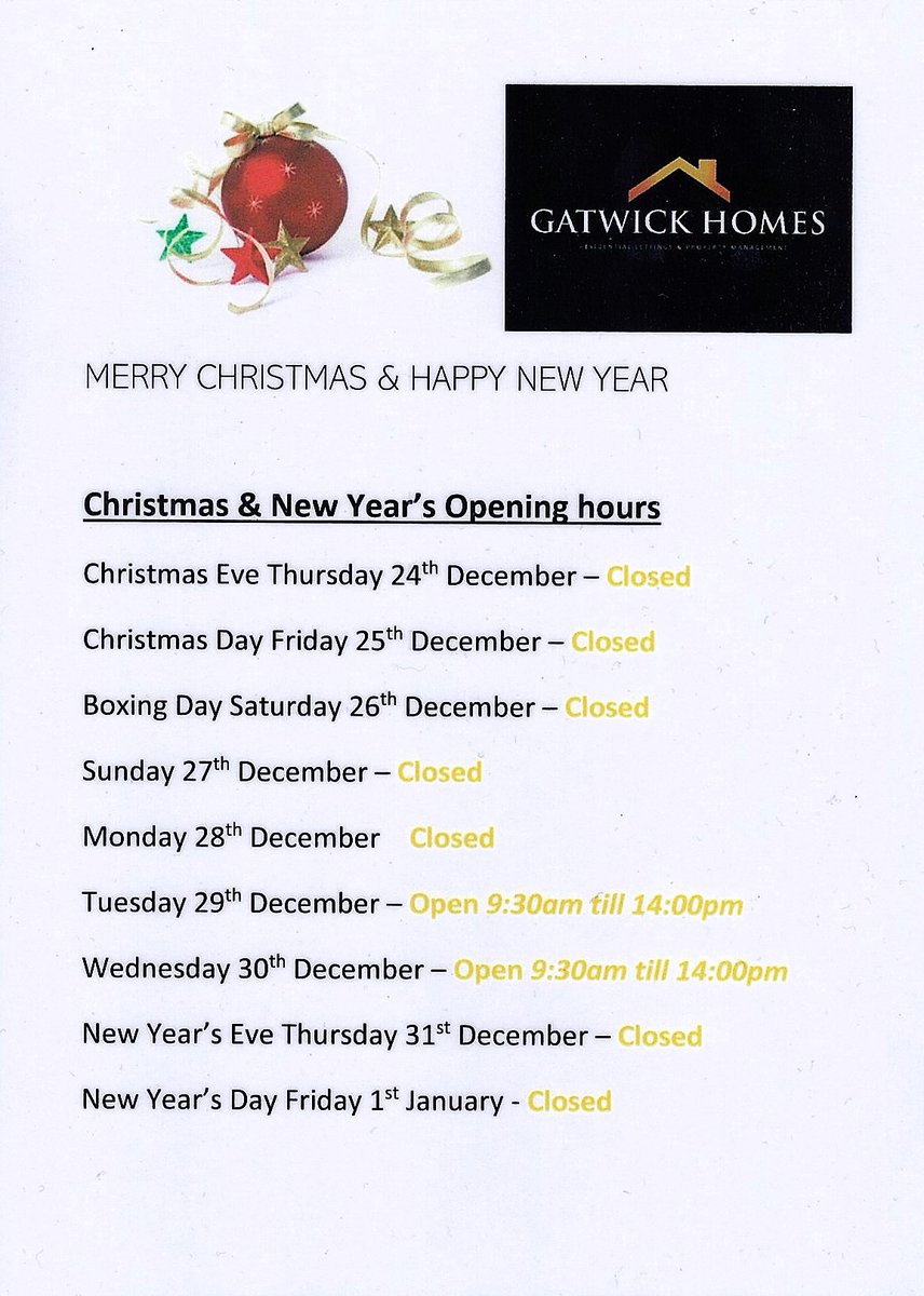GatwickHomes's tweet photo. Updated Christmas hours.  #crawley #Christmas2020 #Gatwick #sussex #openinghours https://t.co/ILrHMUyck6