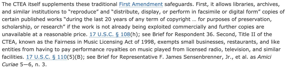 10/ Ginsburg: fair use protects free speech, yes, but Congress has constitutional authority to protect copyright & copyright owners, which itself furthers free speech by providing economic incentive to create new works.  https://www.law.cornell.edu/supct/html/01-618.ZO.html
