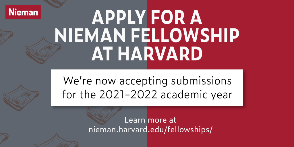 niemanfdn's tweet image. The deadline for U.S. journalists to apply for a Nieman Fellowship is Jan. 31, 2021. Learn more about this extraordinary, transformative learning opportunity and apply here: nieman.harvard.edu/fellowships/